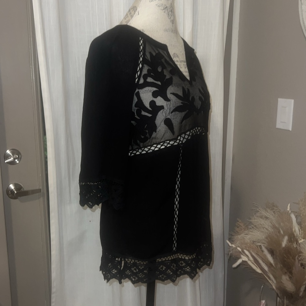Pale Sky black lace & sheer floral blouse 3/4 length sleeve womens dress shirt S - Picture 1 of 10